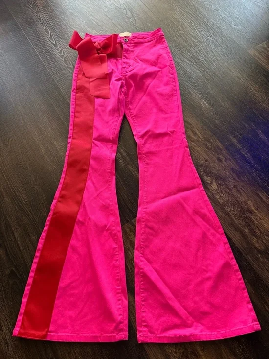 Judith March Hot Pink Boot Cut Pants with Red Ribbon Trim - Picture 2 of 5